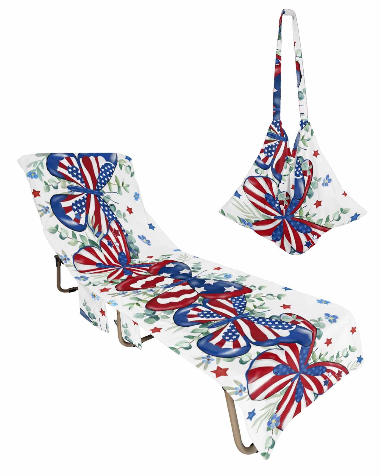 4th of July Butterfly Beach Lounge Chair Towel Cover, Soft Chaise Lounge Towel with Side Pockets Patio Pool Chairs Cover for Beach/Pool Sunbathing 29x85 Blue Red Star Watercolor Botanical