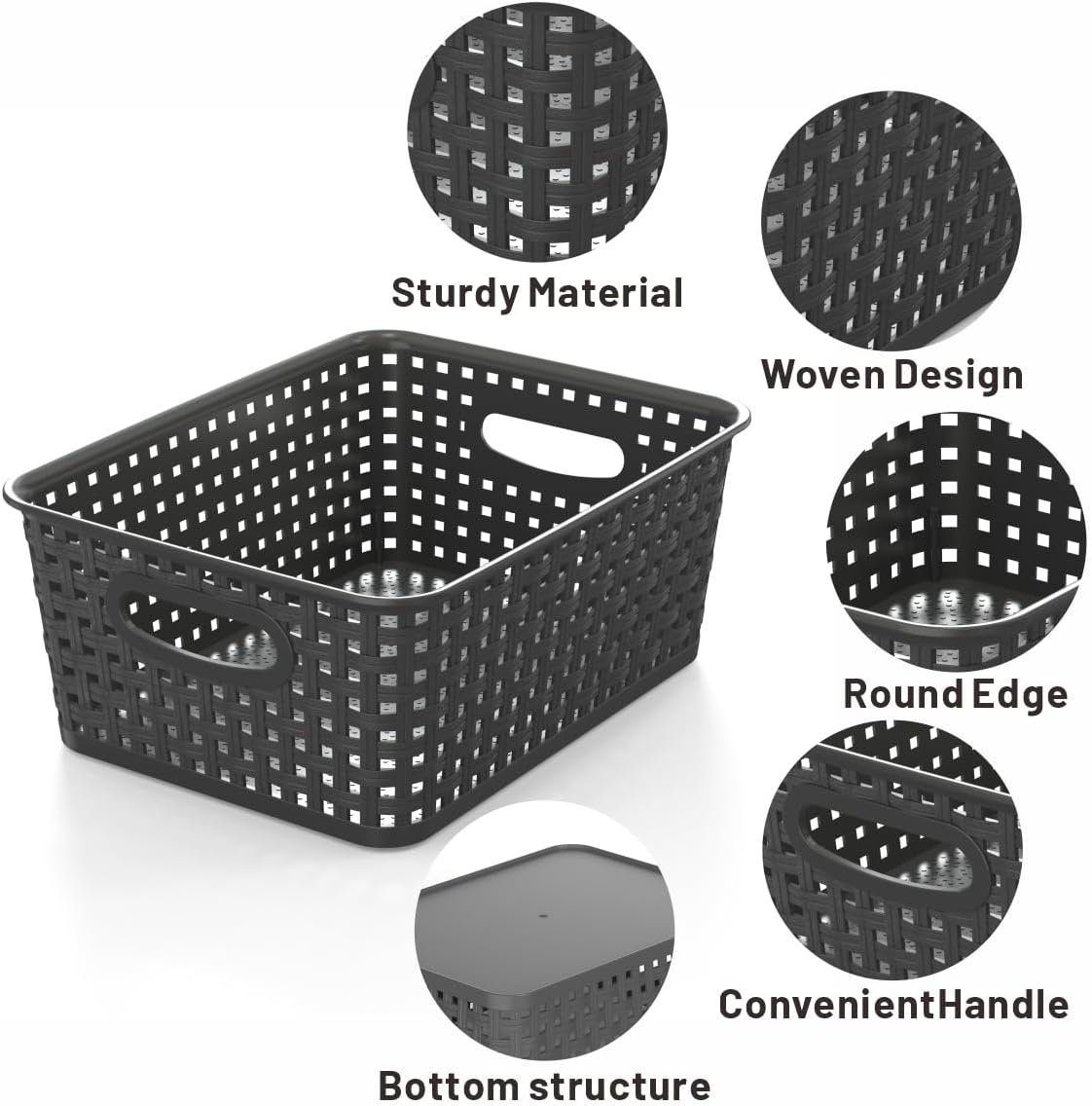 9-Pack Plastic Woven Storage Baskets Set -Grey Organizer Bins for Shelves, Kitchen Pantry, Bathroom, Office | 10.1"L x 7.55"W x 4.1"H | Multi-Purpose Shelf Basket Organizers