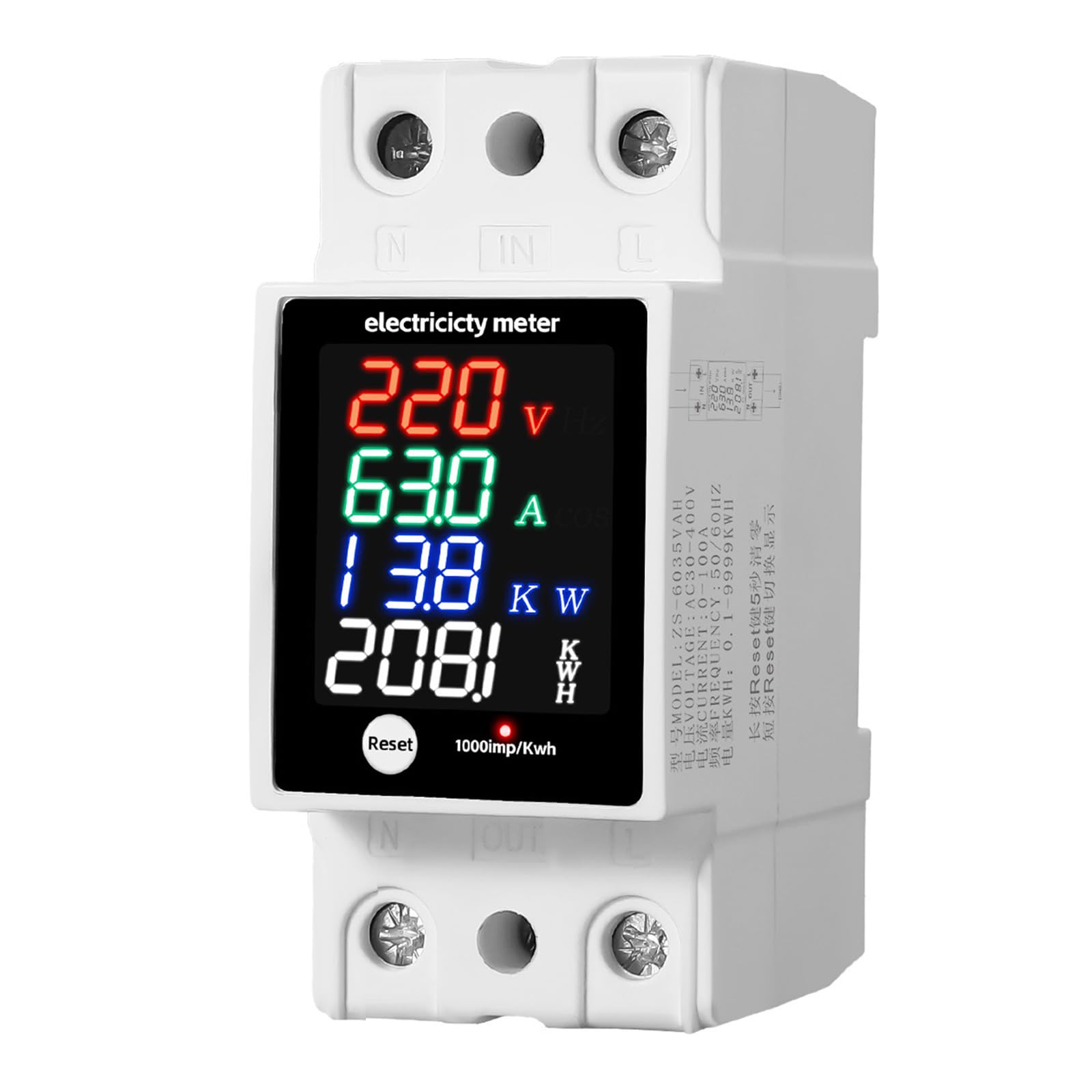 Accuracy DIN Energy Meter, Real-Time Power Consumption LED Display, Flame Retardant 35mm Mount Mounted Digital Display Meter