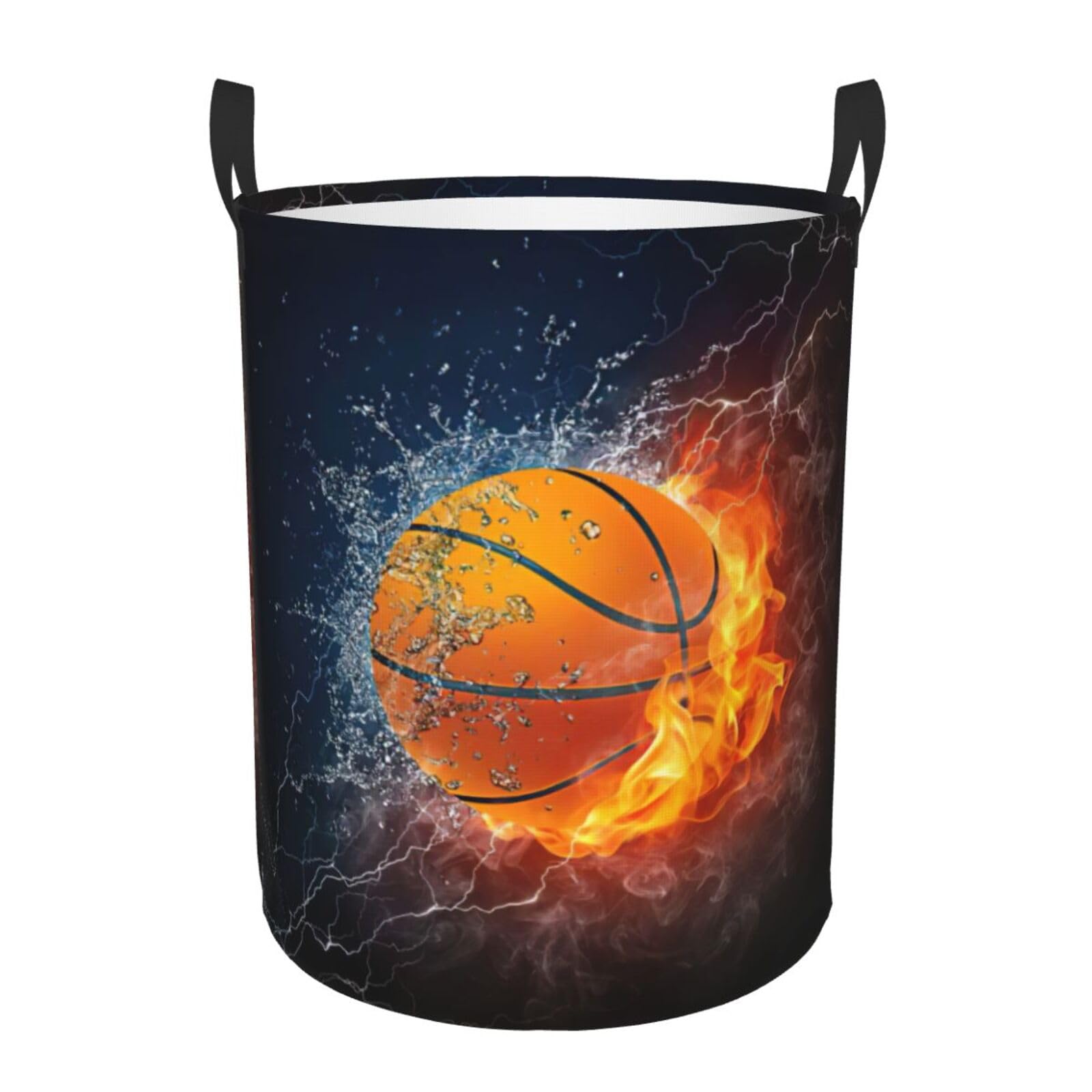 M Circular Hamper Basketball on Fire and Water Flame Splashing (Print for Dirty Clothes