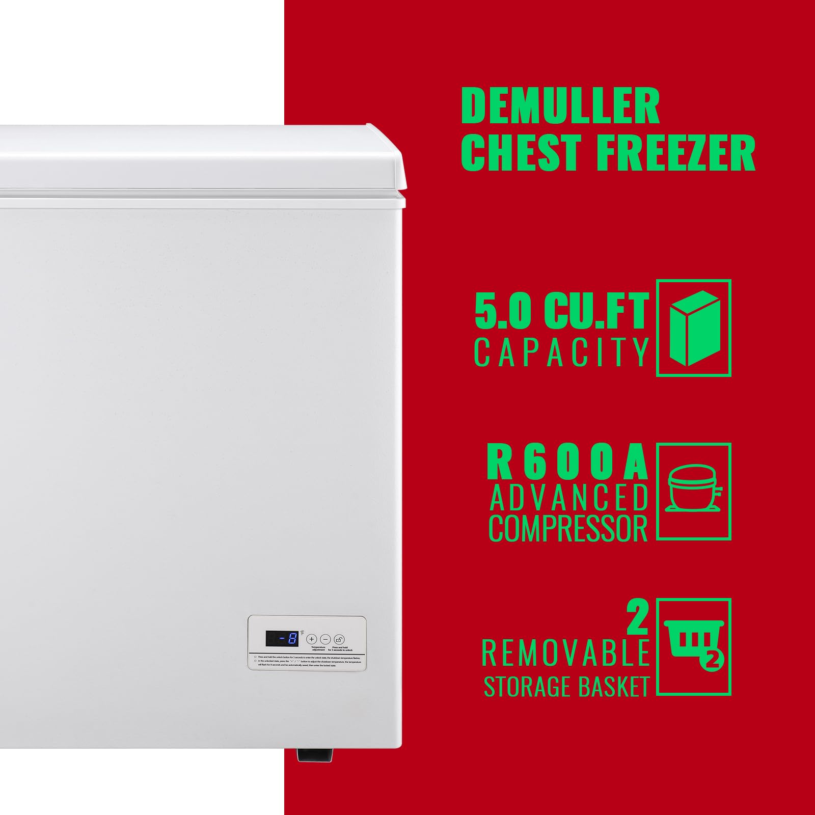 Demuller Chest Freezer 5.0 Cubic Feet Freezers With Temperature Display Panel Small Deep Freezer 2 Removable Basket Top Open Door Freezer Ideal For Apartment Office Dorm White on Fridge.com - View 3