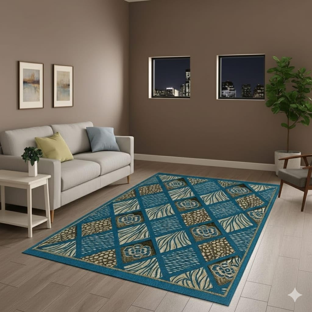 Traditional Design Cotton Carpet for Living Room| Elegant Design Carpets| Carpet 4x6 feet| Soft Velvet Rug for Living Room Hall & Bedroom Floor Carpet Dari & Kalin Reactangular (Aqua)-image-28