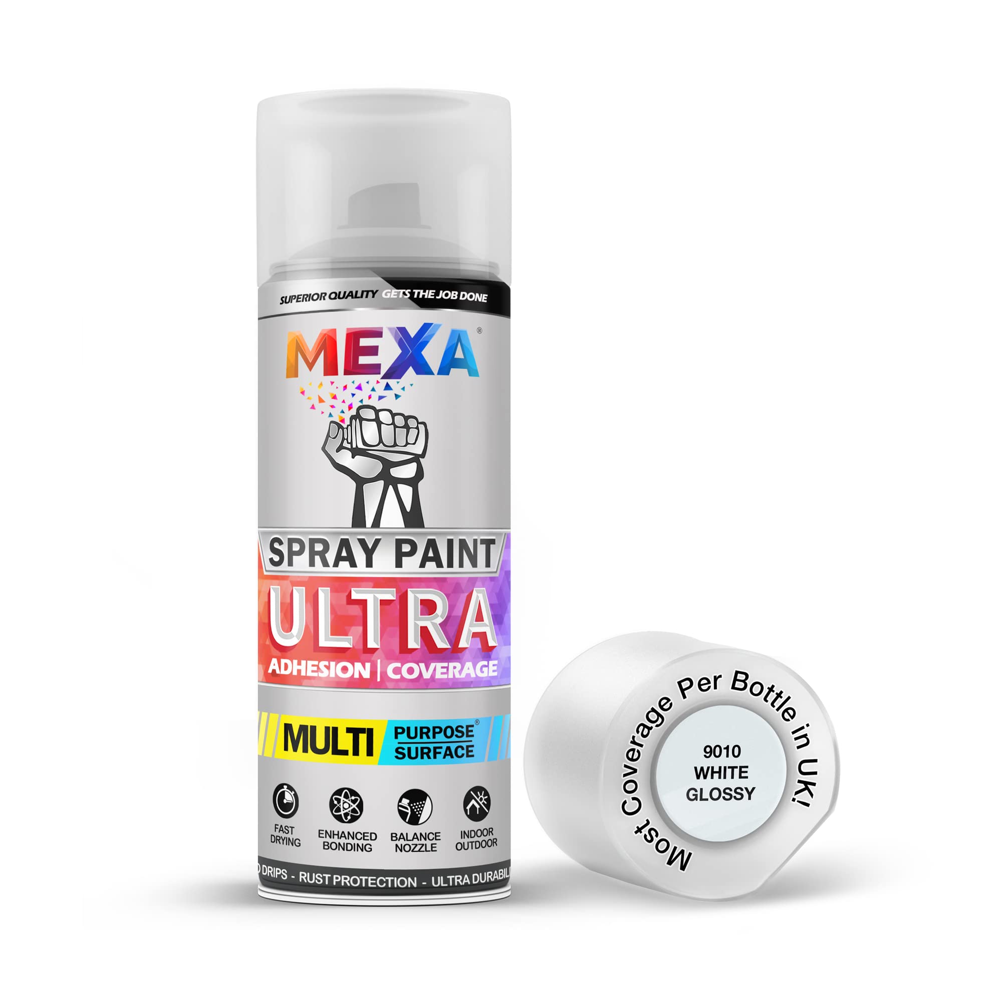 Mexa White Glossy Spray Paint | | Perfect For Radiator, Plastic, Fabric, Metal, Bike, Marking | 400Ml | Ral 9010 | Most Coverage