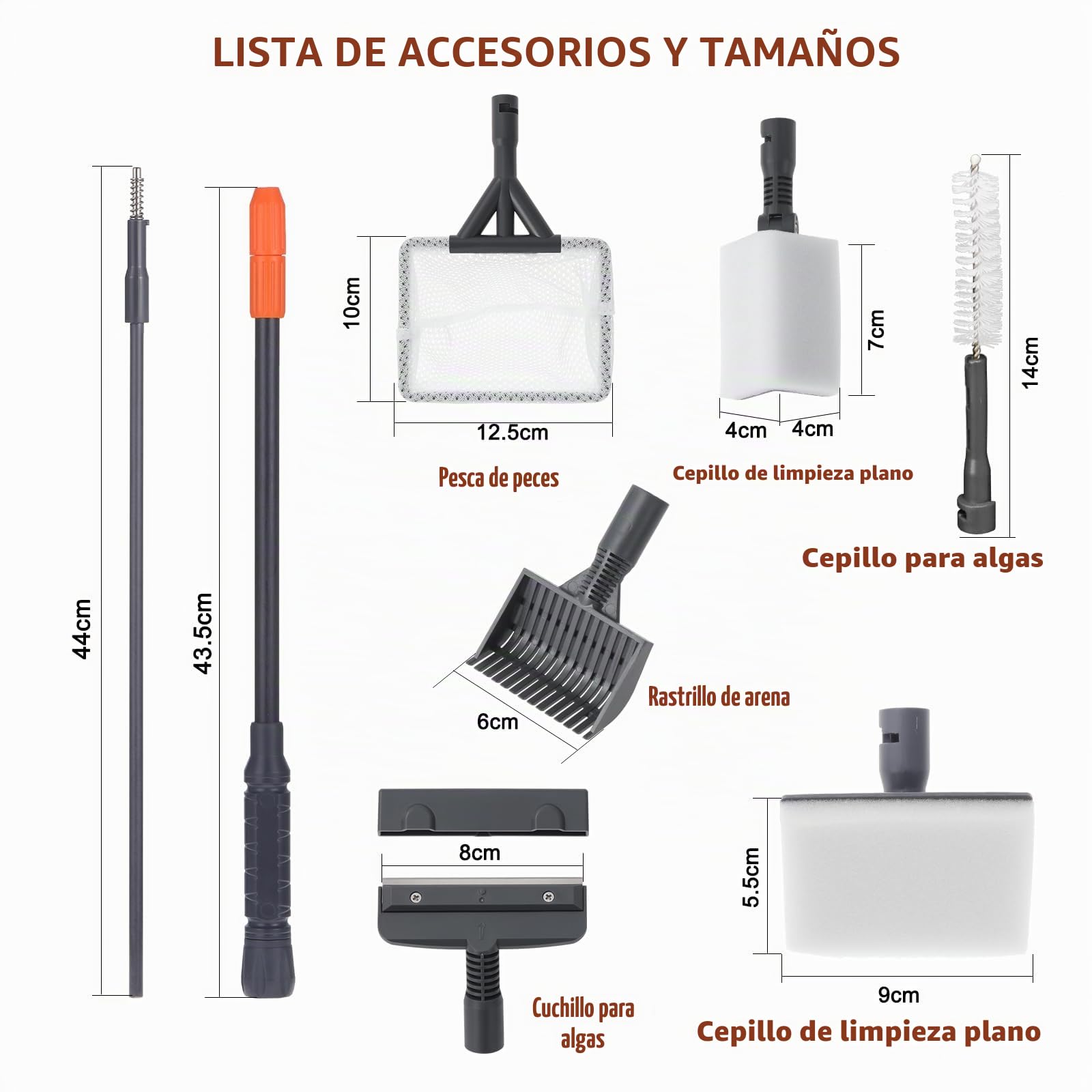 Coolty 6 en 1 Limpiador de peceras Herramienta de Limpieza de acuarios con Mango telescópico Largo, rascador, Red de Pesca, Cepillo de Limpieza con Esponja, rastrillo de Arena