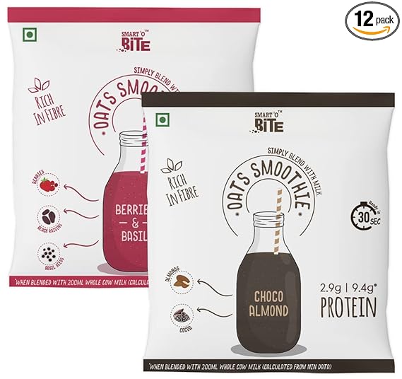 Oat Smoothie | Healthy Shake Mix | 12 Sachets - 2 flavours x 6 each - Berries & Choco | No Refined Sugar | Fibre Rich | Protein Source | Ready in 30 Seconds