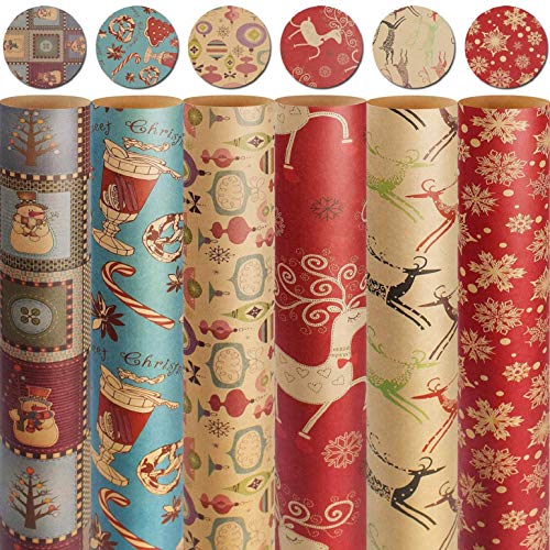 heekpek Papel de Regalo Kraft Navidad Papel Envolver Regalos Reciclable Papel kraft de Elementos Navideños de Impresión Rollo de Papel de Regalo