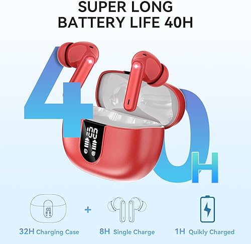 Miniatura 8 de MoBadeety Auriculares inalámbricos, auriculares Bluetooth 5.3, 40 horas de reproducción, estéreo de graves profundos, pantalla de alimentación LED,