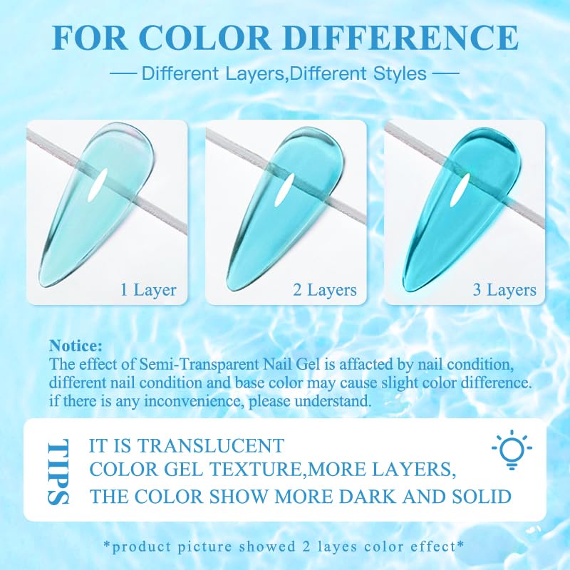MEET ACROSS 8PCS Jelly Crystal Gel Nail Polish Set, Jelly Gel Polish Kit, Glaze Glass Transparent Nail Polish Sheer Pink Green Blue Nail Gel Polish, Soak Off UV Nail Gel for Home Manicure Nail Salon