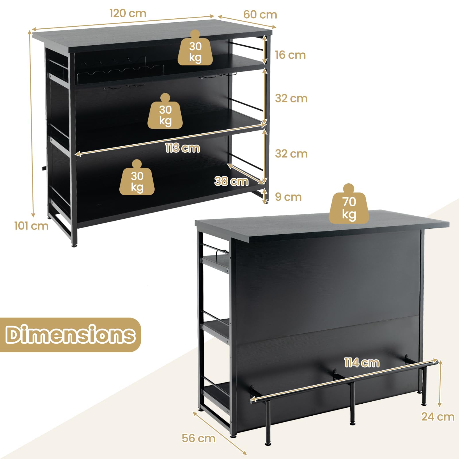 GIANTEX Central Cucina con Piano di Lavoro, Tavolo da Bar a 4 Livelli con Porta Bottiglie, Porta Bicchieri, Porta Vino e Supporti per Bicchieri da Piedi, 60 x 120 x 101 cm