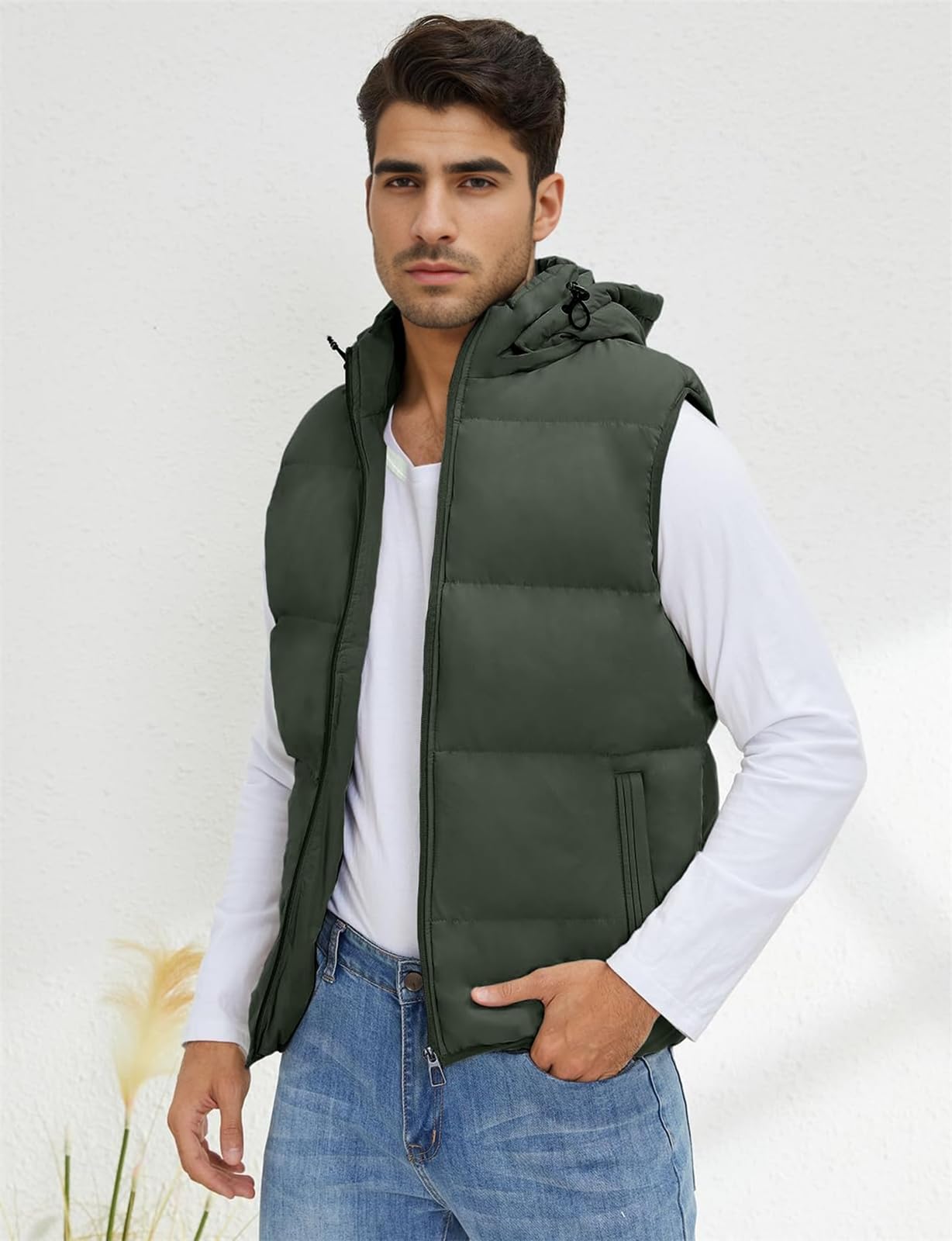 hathne Herren Winter Puffer Weste Ärmellos Warm Reißverschluss Leichte Jacke Weste mit abnehmbarer Kapuze