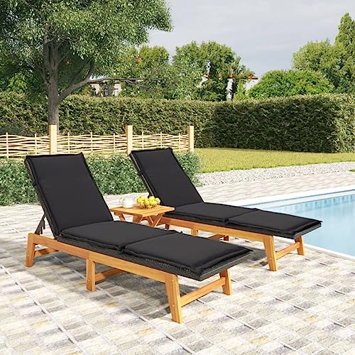 Homgoday Gartenmöbel-Set, 3-teilig, Polyrattan, Akazienholz, Gartenmöbel-Set, Tisch und Stühle, Dekoration für Terrasse, Hof, Balkon, Liegestühle