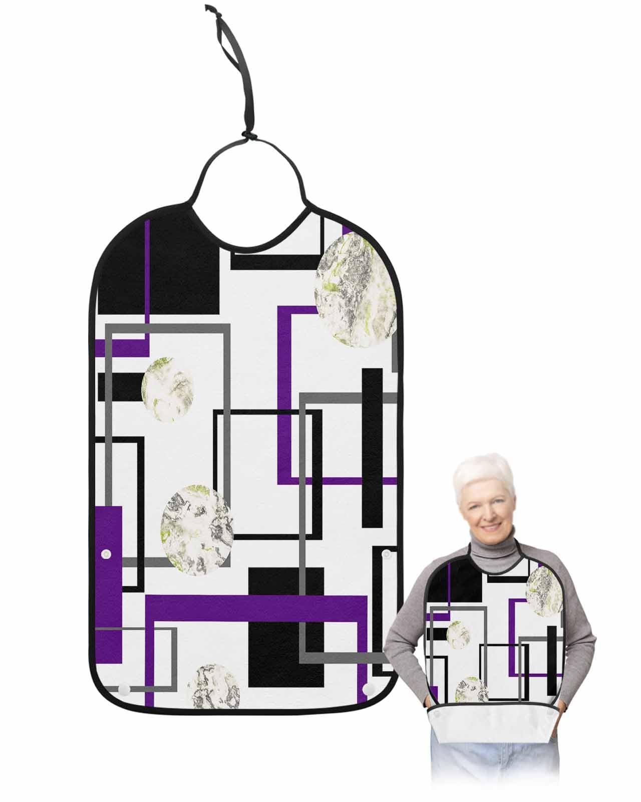 LEOKOTI Purple Geometric Adult Bibs for Eating, Waterproof Bibs with Food Catcher & Adjustable Snap Closure, Black Grey Modern Abstract Art Marble Washable Clothing Protectors Adult Bibs for Elderly