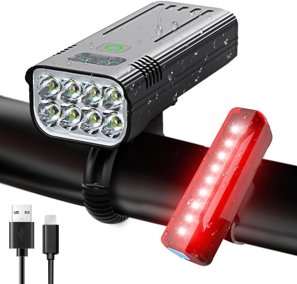 Victoper Bike Lights Front And Back, 2024 Upgrade Super Bright 8000 Lumen 8LED Bicycle Durable IPX5 Waterproof USB Rechargeable 5 Modes Set For Road Mountain Night Riding,Black