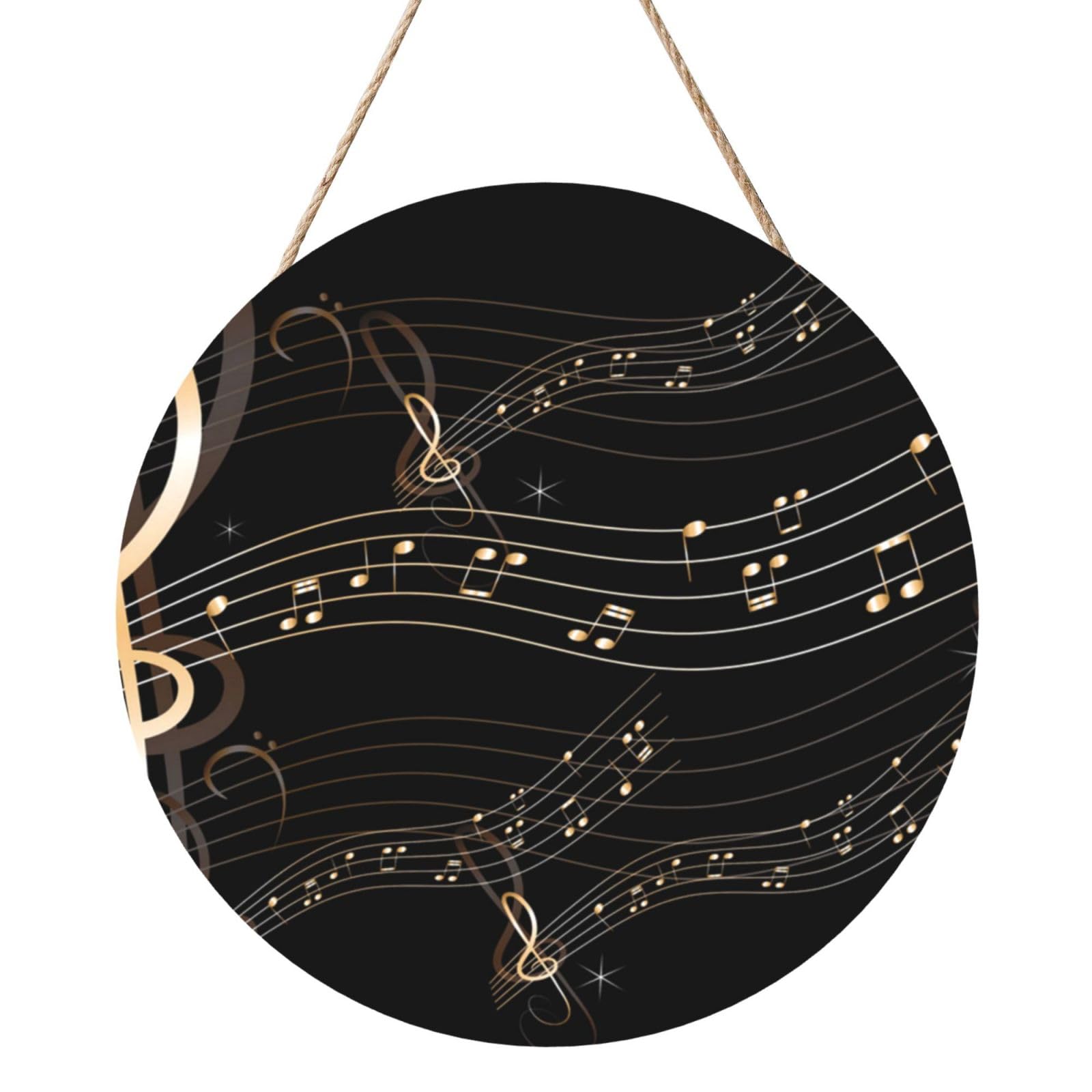 InOmak Music Note Musical Score Black Sheet Music, Round Wood Panel Painting 12 in, Wall Hanging Painting For Home