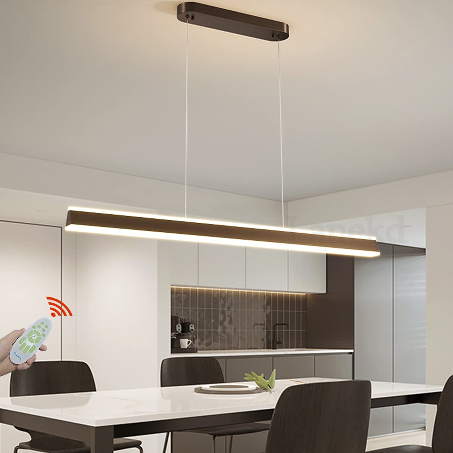 Moderne led-hanglamp, wit, eettafel, eetkamer, lengte 90 cm, dimbaar, met afstandsbediening, hanglamp, woonkamer, keuken, kantoor, hangende lamp, eettafellamp, kroonluchter, plafondverlichting