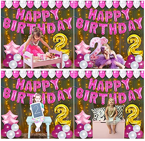 Image of Party Propz Rubber 2nd Birthday Decoration Set for Girls - 57Pcs Pink With Fairy Lights | Baby and Kids Birthday Party Supplies
