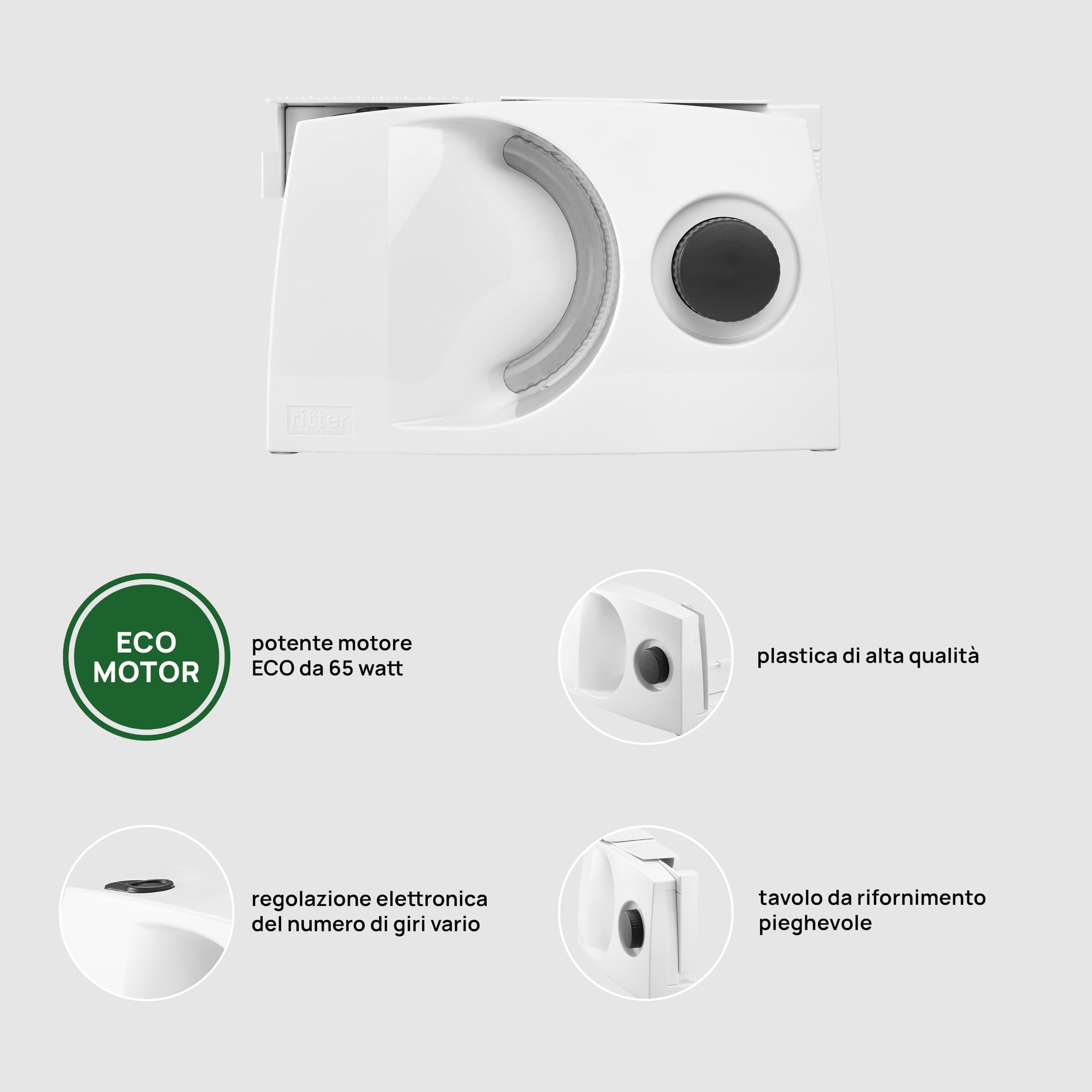 ritter markant 05, affettatrice elettrica con Motore Eco, Made in Germany, 65 W, Plastica, Bianco