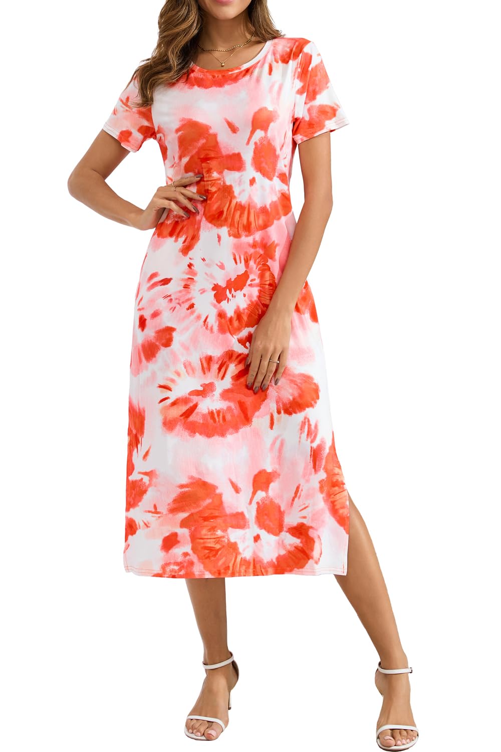 Naggoo Women's Short Sleeve Split Maxi Dress Casual Plain Tie Dye Print Tshirt Long Dresses with Pockets