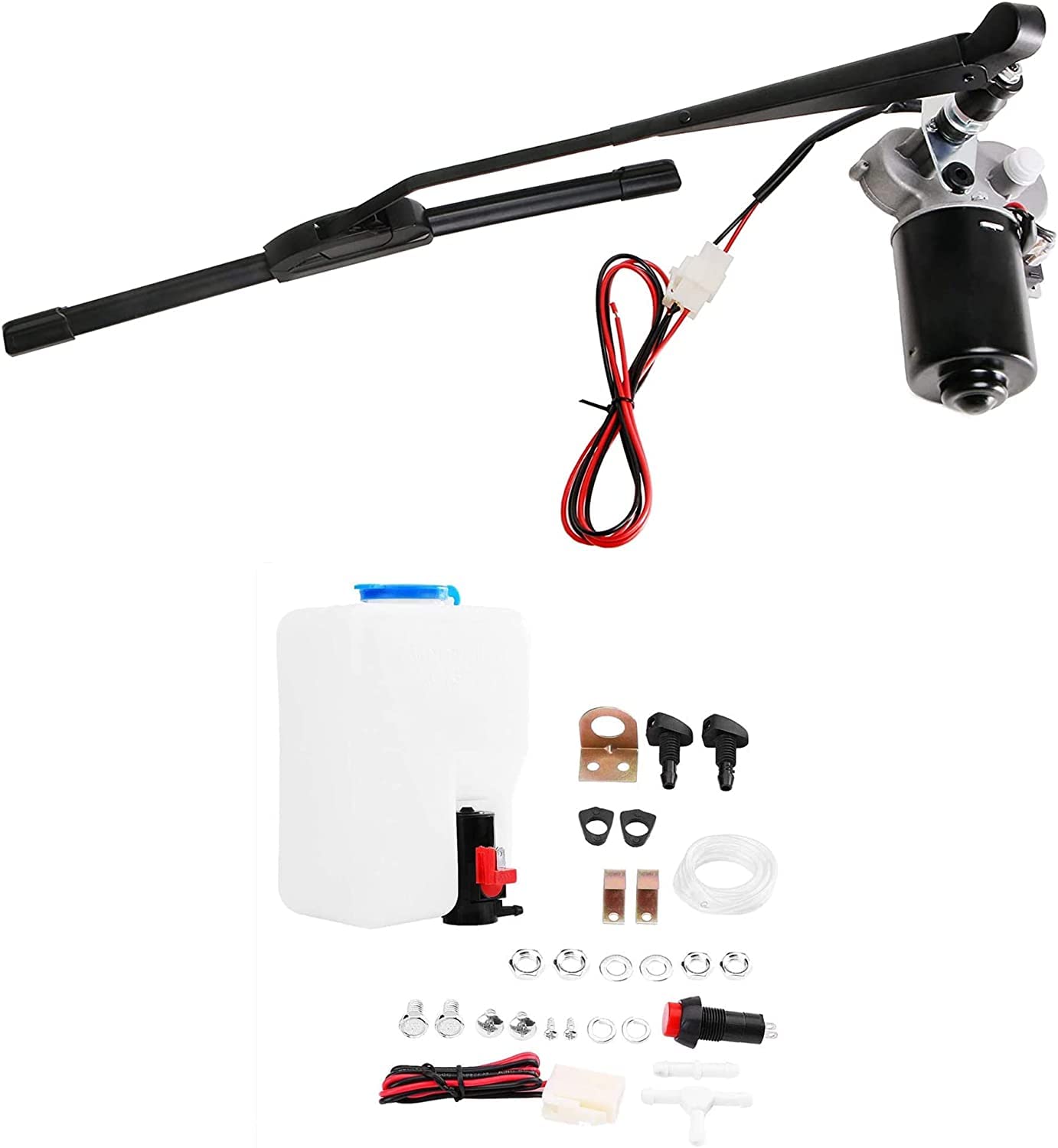 Universal 12V 110 Degree Electric UTV Windshield Wiper Motor Kit with Washer Pump Fit for Polaris Ranger RZR Kawasaki Honda Pioneer Golf Cart Arm/Blade Size:11.8inch/15.7inch +