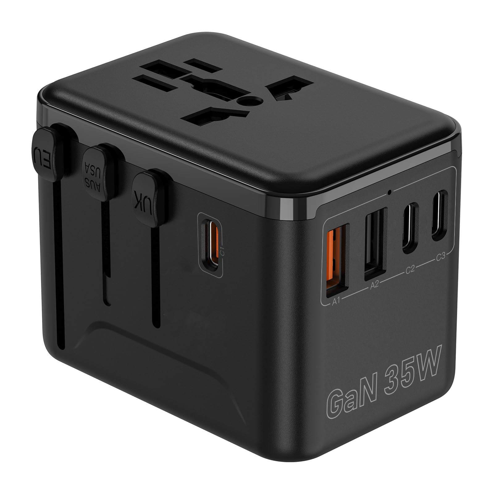 Uniwersalny adapter podróżny (35 W PD szybkie ładowanie) – posiada 3 porty USB-A i 2 porty USB-C, kompatybilność na całym świecie (USA/UK/AU/Azja), ładowarkę typu "wszystko w jednym" i