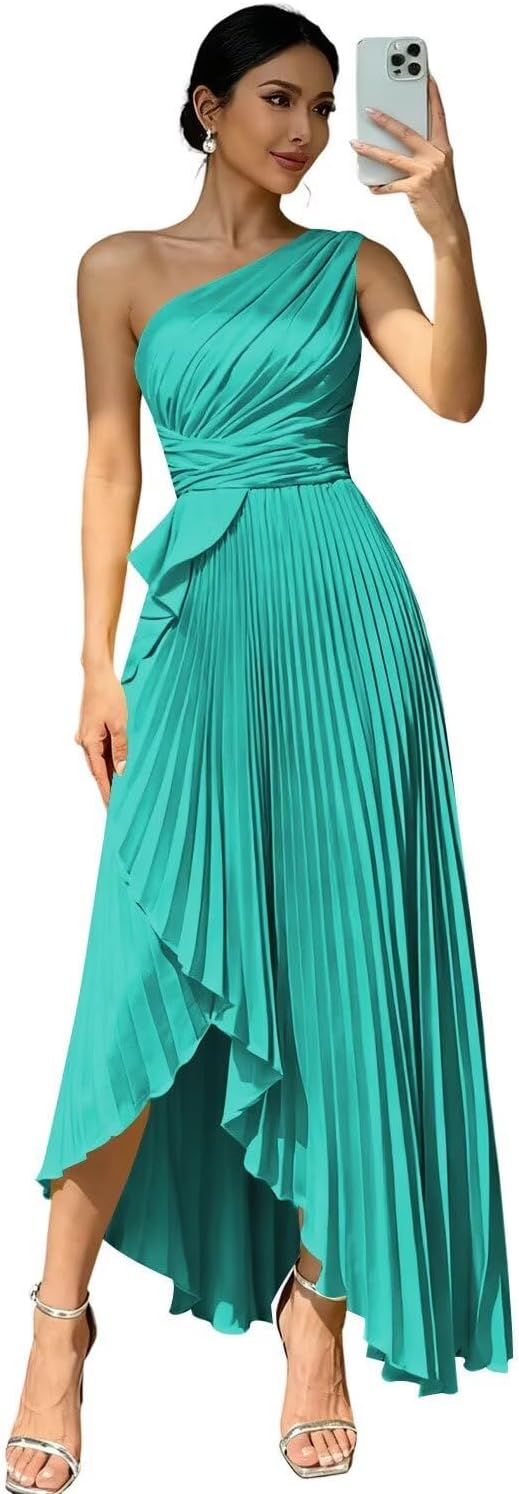 Chicbridal One Shoulder Bridesmaid Dresses for Women 2026 A Line Satin Prom Dress Long Pleated Formal Dress with Slit