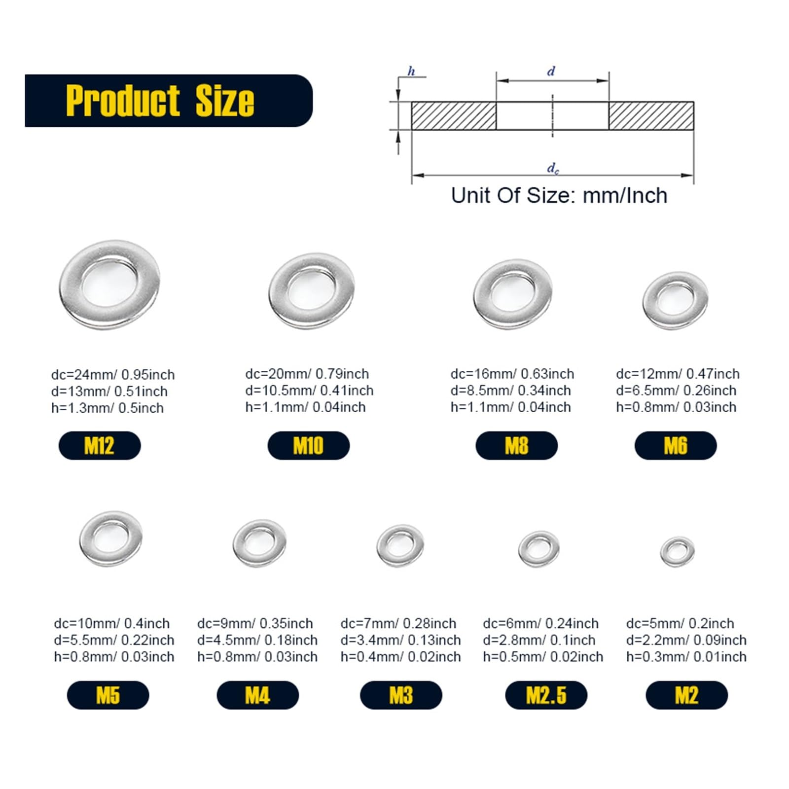 Assortiment de rondelles plates 50 à 785 pièces en acier inoxydable épais plat pour vis, métal sorti pour boulons (kit B (785 pièces)