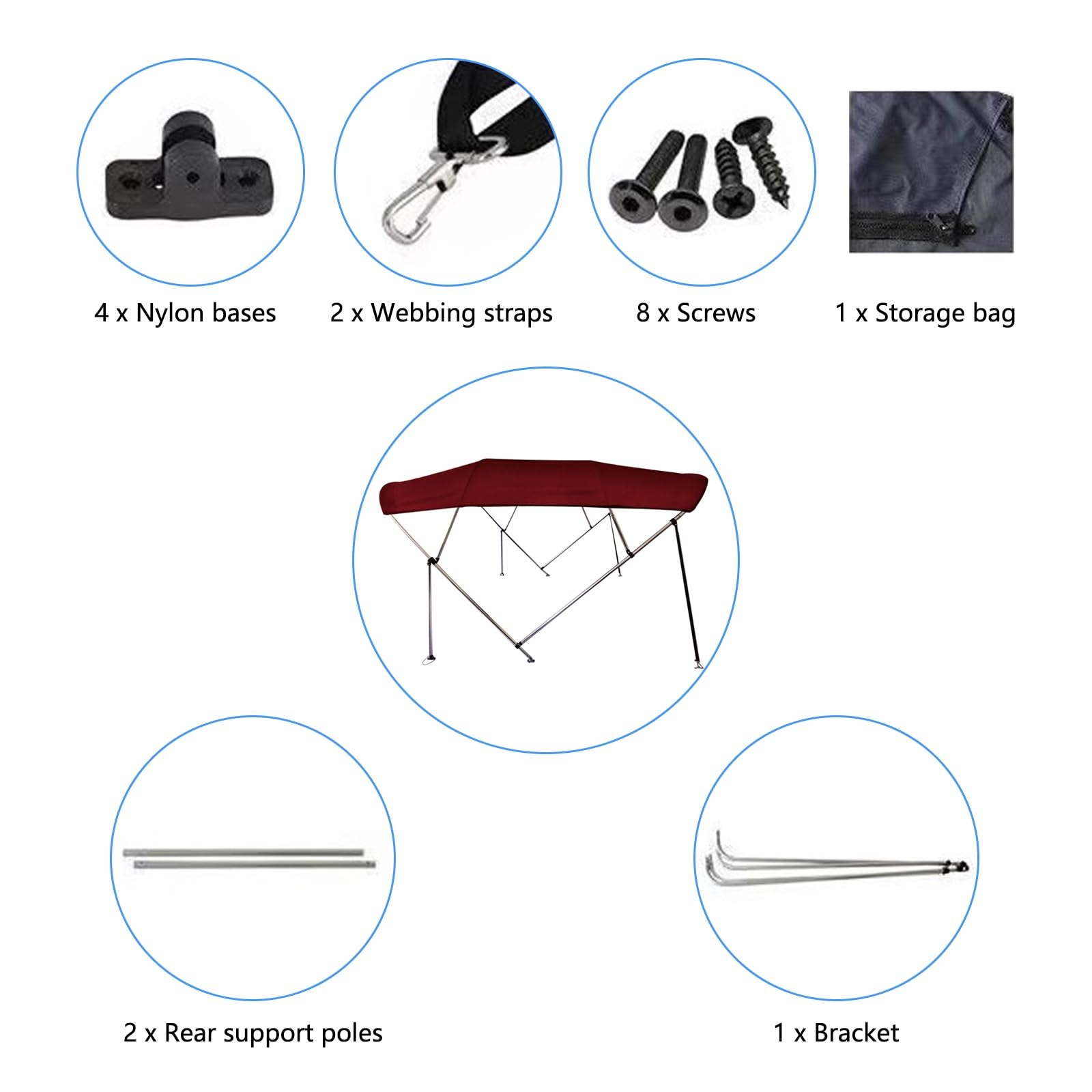 Telo Copribarca Bimini A 4 Archi, Tendalino Parasole for Barca, con Pali di Supporto Posteriori E Vano Portaoggetti(2.3-2.5m/90.6-98.4in)