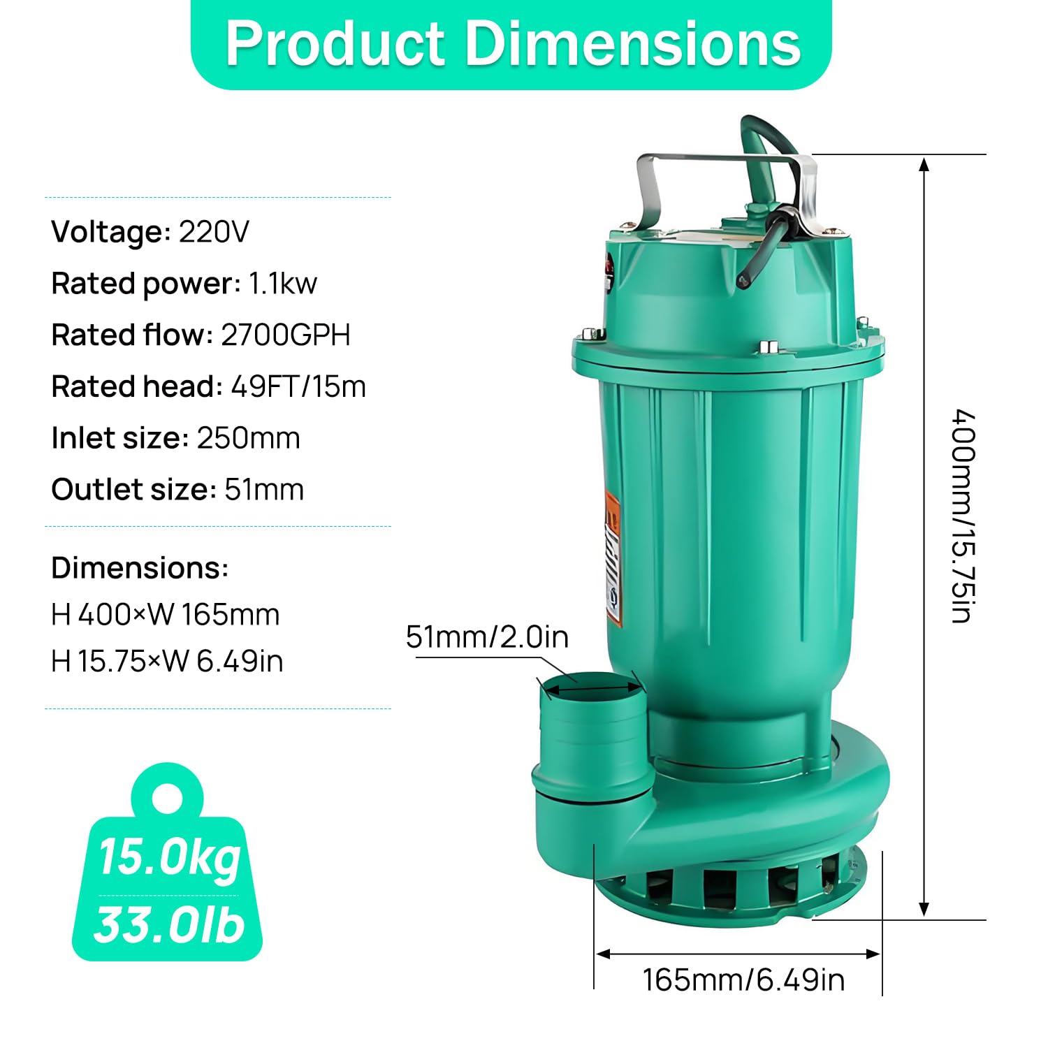 Bombas de aguas residuales Bonxrdun 1100W de alta potencia con capacidad de purificación de aguas residuales, para riego doméstico del jardín, drenaje de aguas residuales en pequeñas empresas