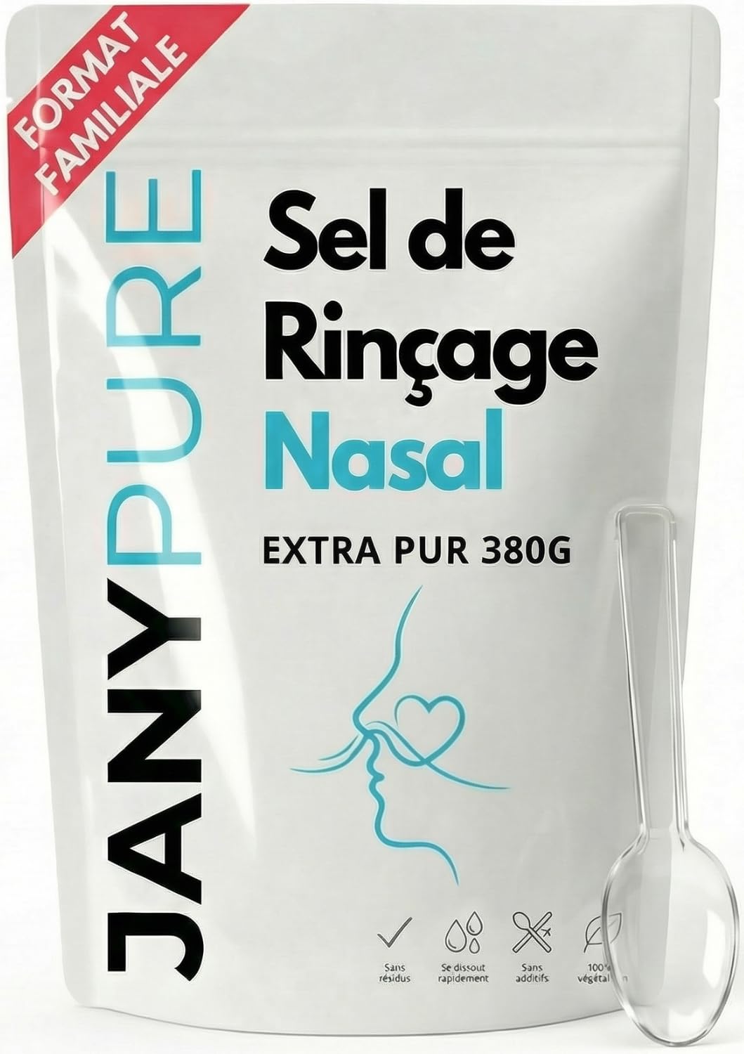 Sel de Rinçage Nasal 380g Format Familial XXL - 152 Doses avec Cuillère Doseuse - Sel Nasal Extra Pur - Solution Saline Isotonique pour Douche Nasale Lavage de Nez Adulte Enfant - Sans Additifs
