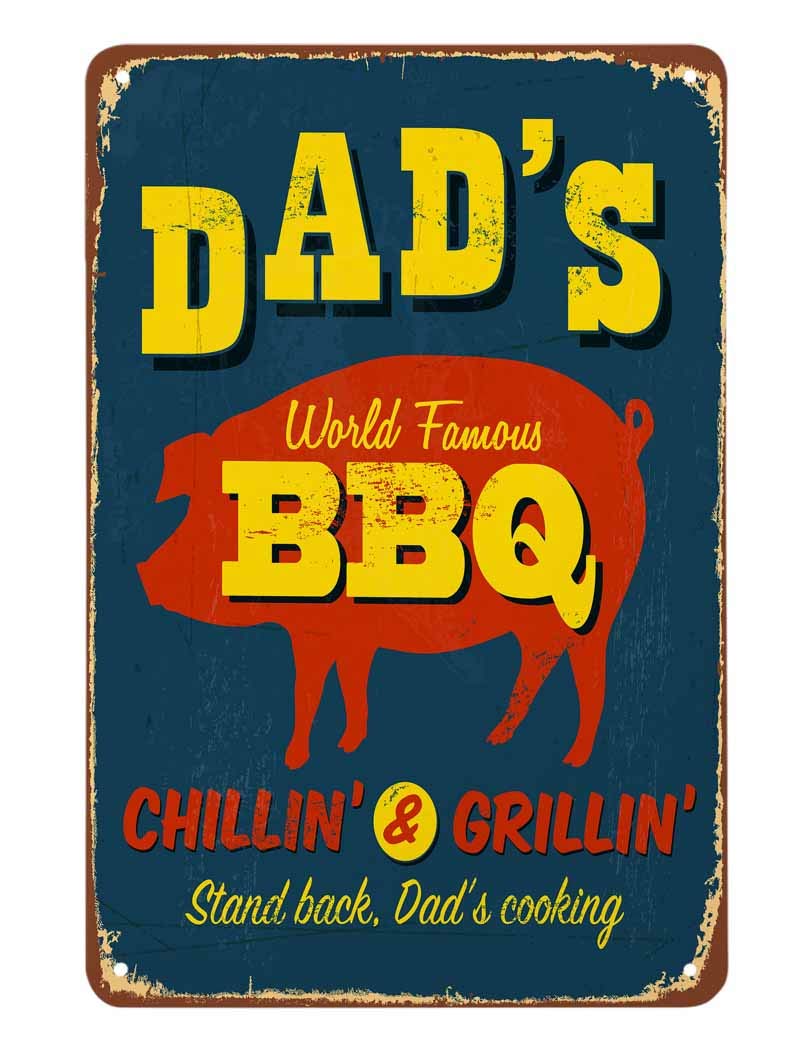 SMAZDFXX Dad'S BBQ Tin Sign,World Famous BBQ With Red Pig Blue Vintage Metal Tin Signs for Cafes Bars Pubs Shop Wall Decorative Funny Retro Signs for Men Women 12"x16"