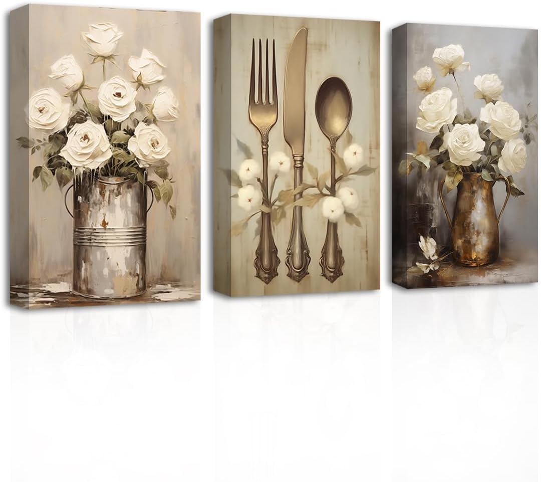 CXHOSTENT Arte de pared de cocina de granja, 3 piezas, impresiones en lienzo de flores rústicas, vajilla de campo, decoración de pared, arte vintage