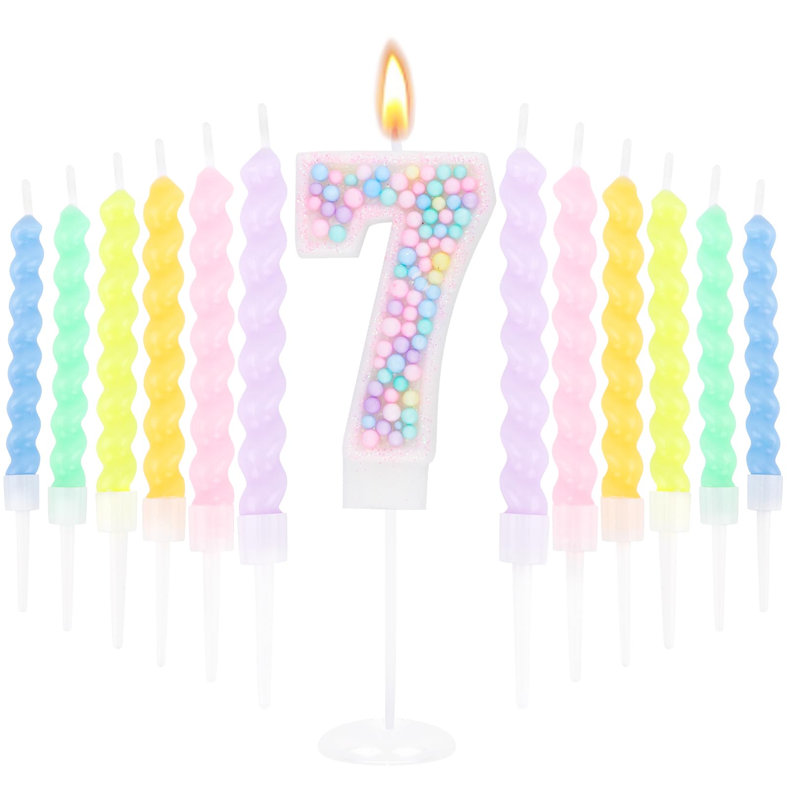 LunarCharm Candle with Number 7 and 12 Spiral Candles for 7th Birthday Decoration for Girls, Sparkling Macaron Cake Toppers, Party Accessories