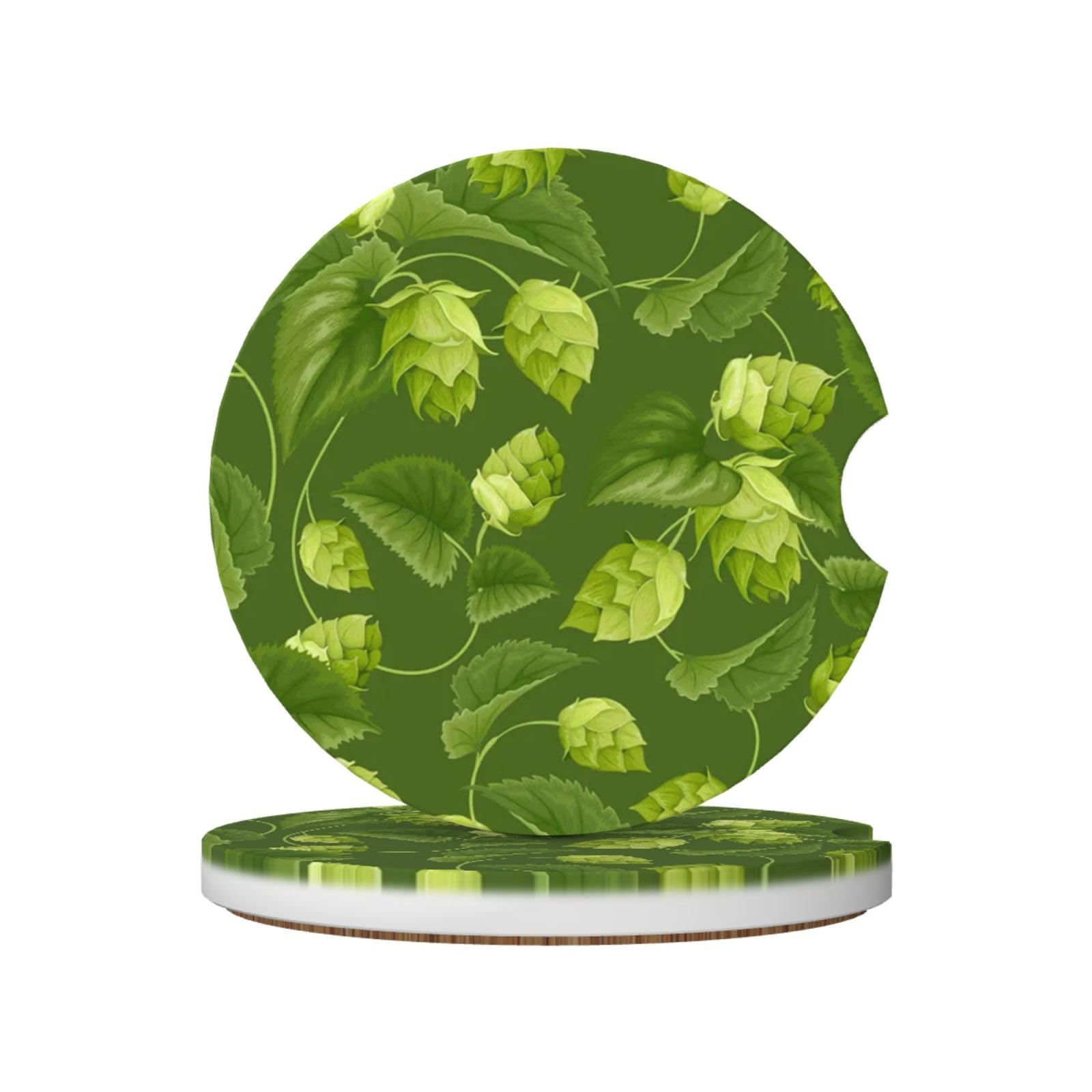 Green Hops And Leaves Pattern, Car Cup Holder Coasters 2 Pack, Absorbent Ceramic Car Coasters with Non Slip Cork Base
