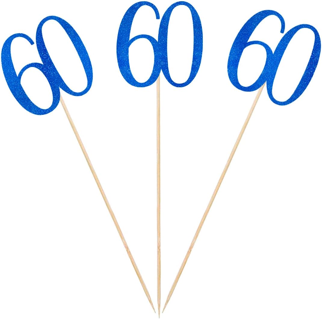 Blue Glitter 60th Birthday Centerpiece Sticks, 12-Pack Number 60 Table Topper Anniversary Party Decorations
