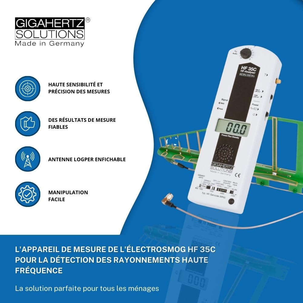 Gigahertz Solutions Appareil de Mesure de la Pollution électromagnétique à Haute fréquence HF35C | Antenne LogPer brevetée (800 MHz - 2,7 GHz) | Détecteur 4G/WiFi fiable | Mesure précise & Simple