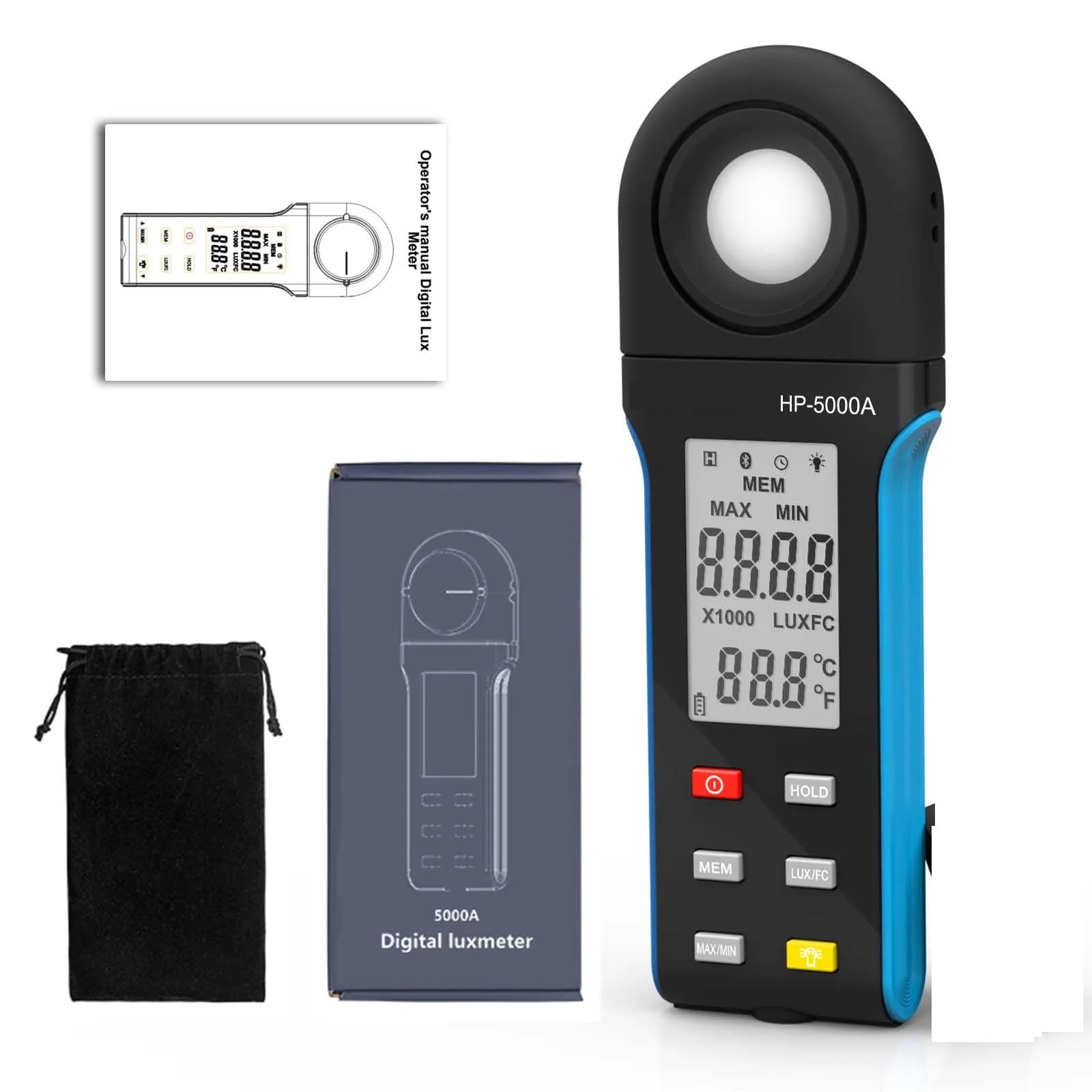 Medidor de Luz, Medidor de iluminancia, probador medición física fotométrica, Respuesta rápida Baja Potencia, ángulo Ajustable 90° o 270°