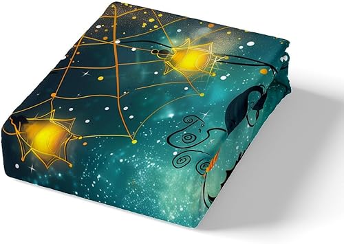 Miniatura 5 de Manfei Juego de sábanas de farol de calabaza, tamaño matrimonial, juego de ropa de cama de murciélagos de telaraña negra para decoración de