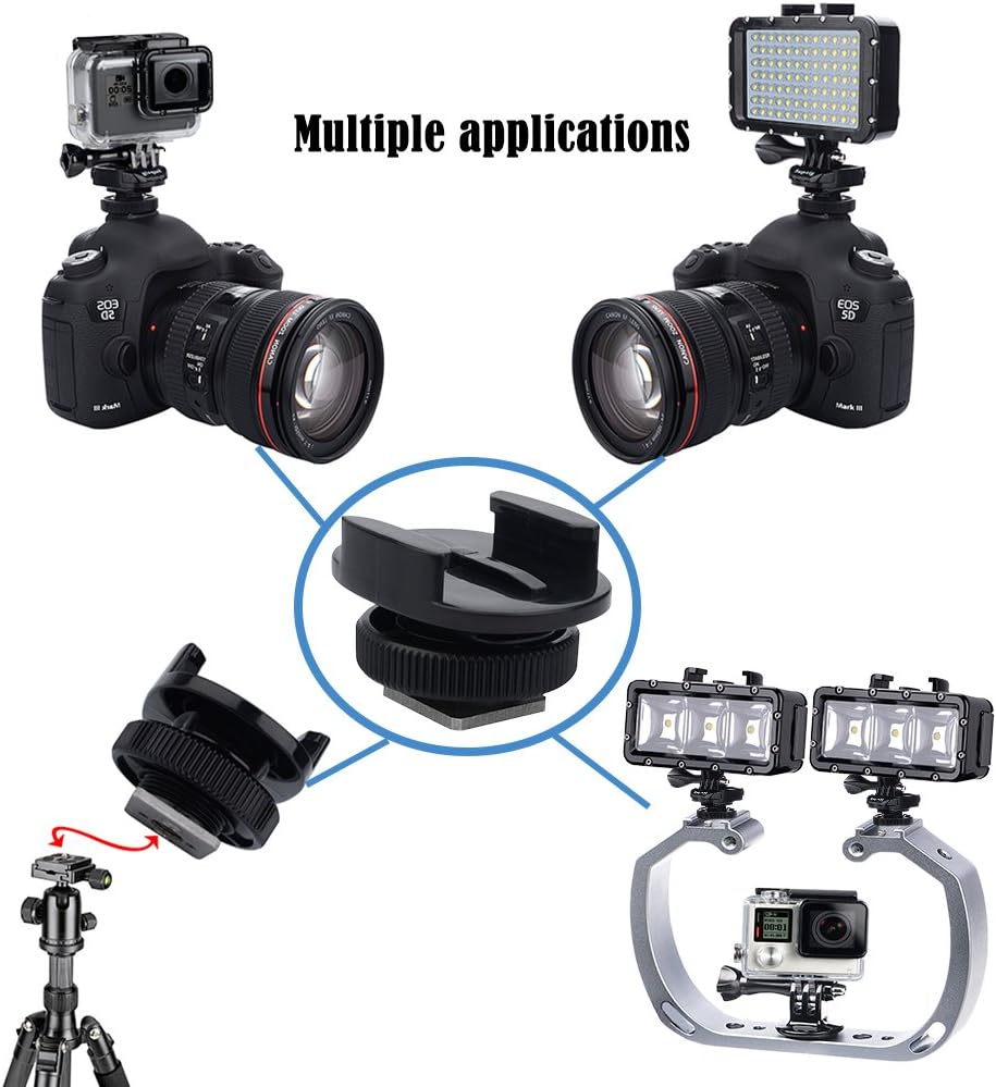 Suptig Cold Shoe Mount Adapter connecting an LED video light to a DSLR camera's hot shoe.