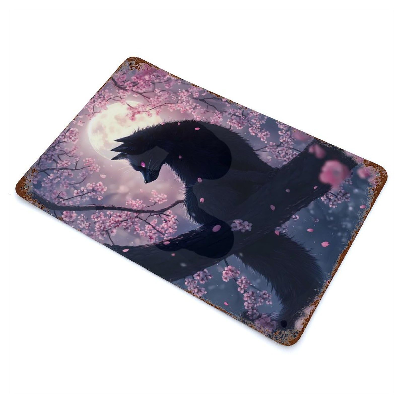 Japanese Black Fox Kitsune Cat in Cherry Blossoms Rusty Metal Tin Sign 11.8"x7.9", for Pub, Kitchen And Man Cave Decor, Novelty Wall Decor
