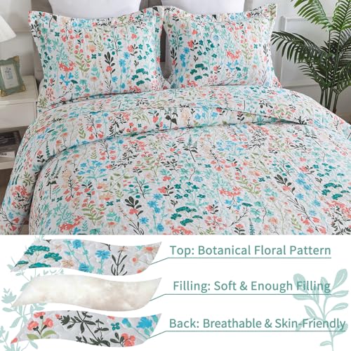 VAPUTAR Queen Quilt Bedding Set-3 Pieces Botanical Quilt Queen Size (90 x 98 inch), Reversible Queen Coverlet with Garden Style Floral Pattern, Bedspread Queen Size Suitalble for All Season.