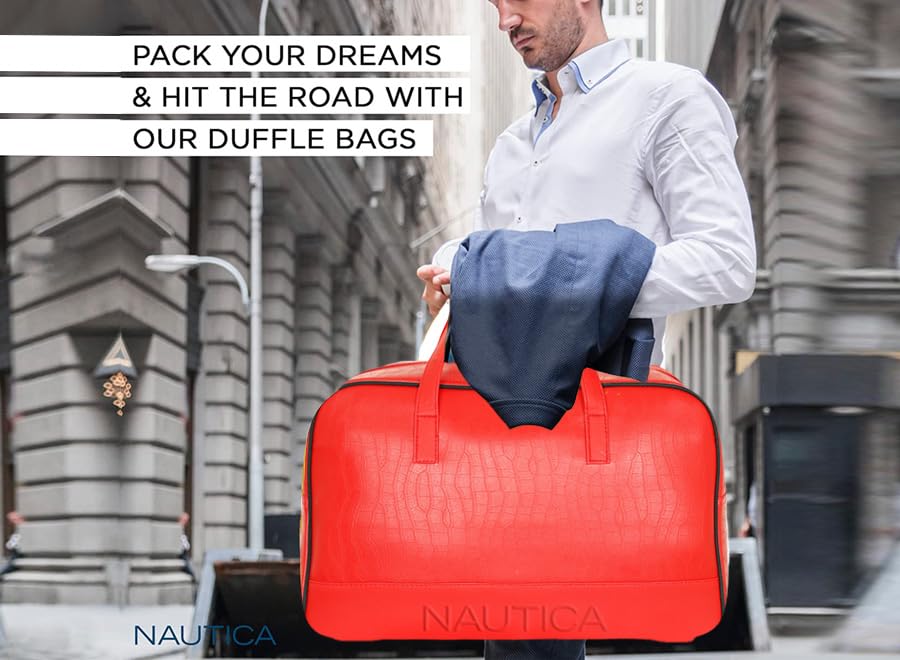 Image of Nautica Unisex 25L PU Duffle Bag for Travel | Stylish Leatherette Cabin Luggage with Smooth Zippers | Compact, Comfortable & Spacious for Weekend Trips, Gym & Everyday Use | RED