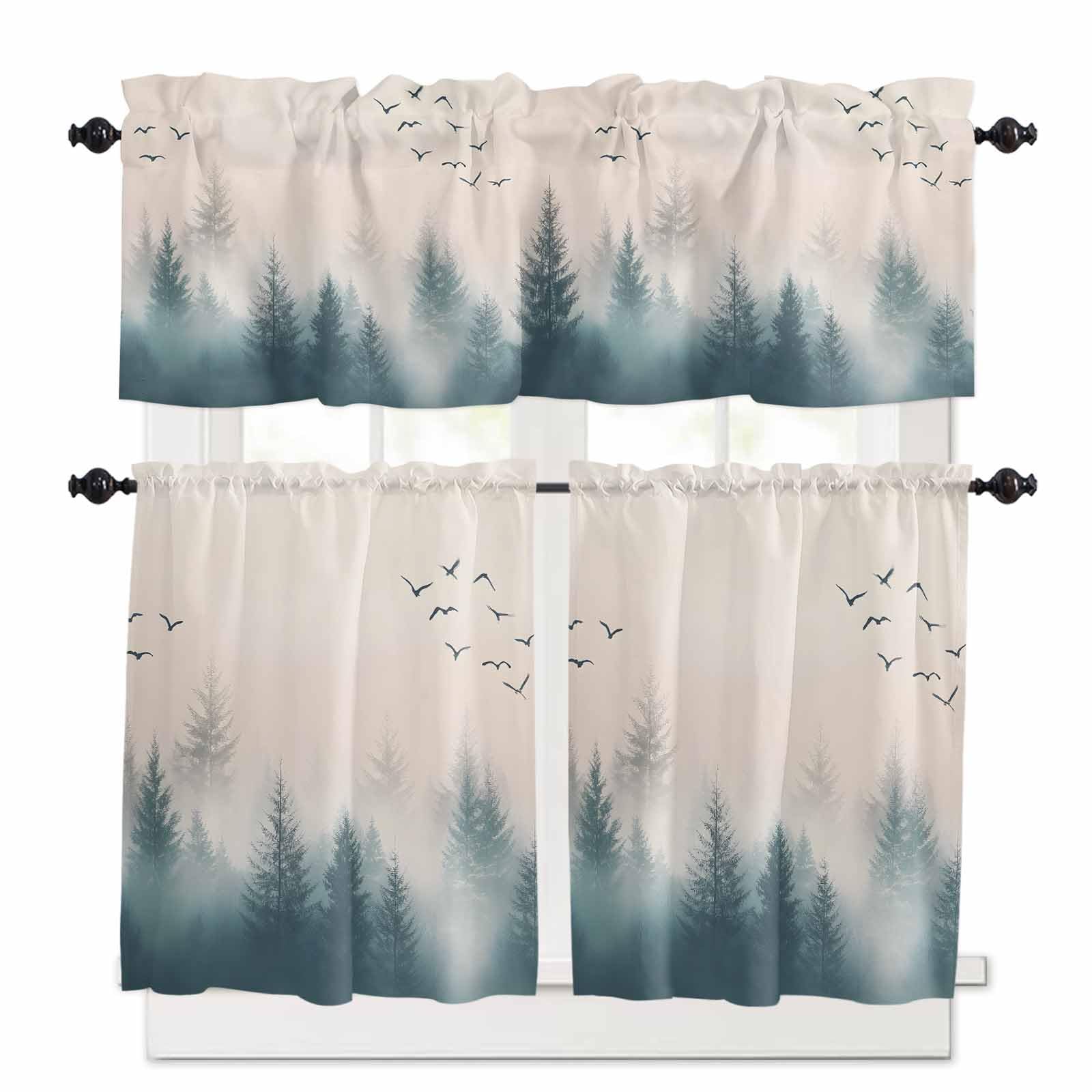 Foggy Forest Kitchen Curtains 24 Inch Length, 3 Piece Rod Pocket Small Half Tiers and Valance Set, Watercolor Pine Trees Natural Landscape Small Large Window Treatment Decor for Bedroom/Bathroom Sink