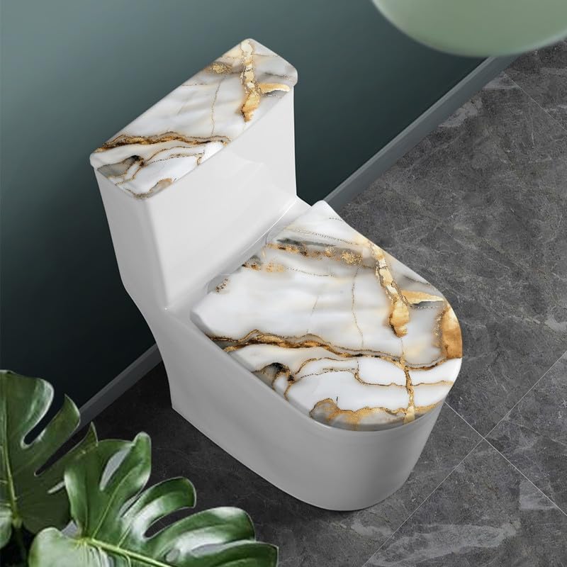 White Golden Marble Texture Standard Toilet Seat Lid Cover Set Classic Nordic Style Toilet Lid Tank Covers Modern Minimalist Art with Elastic Edge Stays in Place