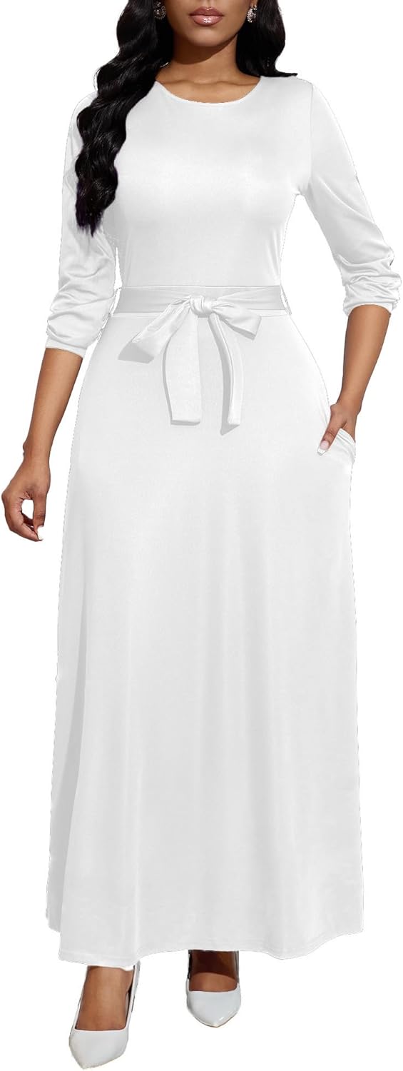 Long Dress for Women Casual Long Sleeve Dresses Maxi Dress Empire Waist Loose with Belt - Image 4