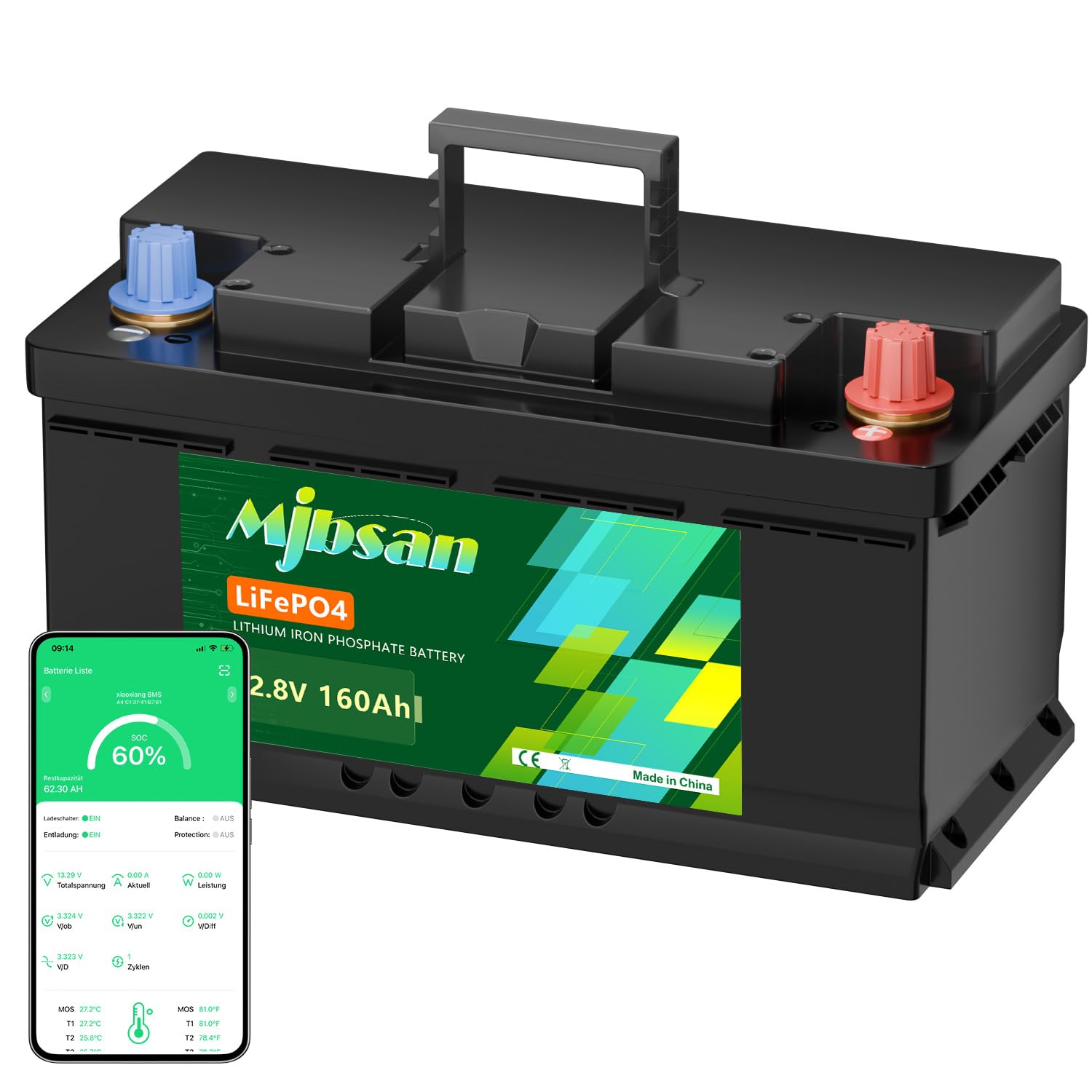 Mjbsan 12 V 160 Ah akumulator Deep Cycle LiFePO4 z BMS 150 A, 4000-15000 cykli, maks. 2048 Wh energii z funkcją ochrony przed niską temperaturą, idealny zamiennik dla akumulatorów kwasowo-ołowiowych