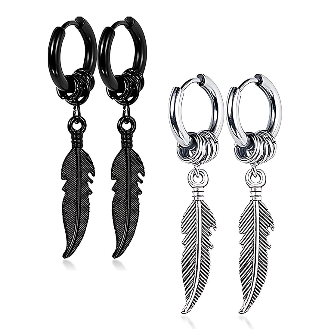 LAKJUOZ 2 Pares De Pendientes Negros Para Hombre, Pendientes De Plumas, Pendientes Punk De Acero Inoxidable Hipoalergénicos(Negro,Plateado)