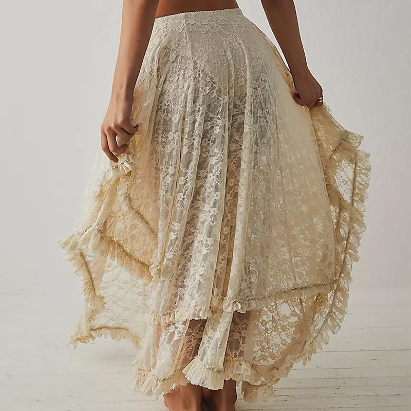 Women Lace Long Skirt High Waist Ruffle Irregular Hem Layered Skirt Solid Sheer Y2k Summer Outfit3