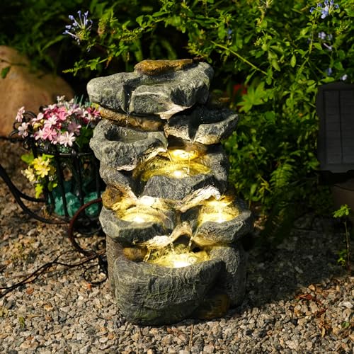 KAISOKU Solar Water Fountain Outdoor Garden, 19.3 Inch Cascading Stone Design 5 Tier Rock Feature Outdoor Fountains Waterfalls with Light, Pump Solar Panel for Patio, Deck, Porch, Backyard Home Décor
