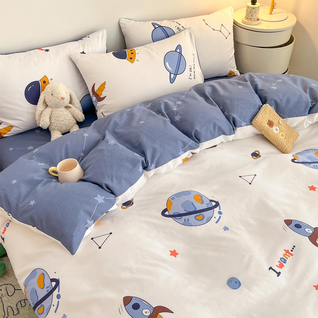 LIWHENHAO Rocket Duvet Cover Set Twin 100% Cotton Bedding Cartoon Astronaut Galaxy Universe Print on White 1 Space Star Comforter Cover Zipper Closure 2 Pillowcases for Kids Girls Boys
