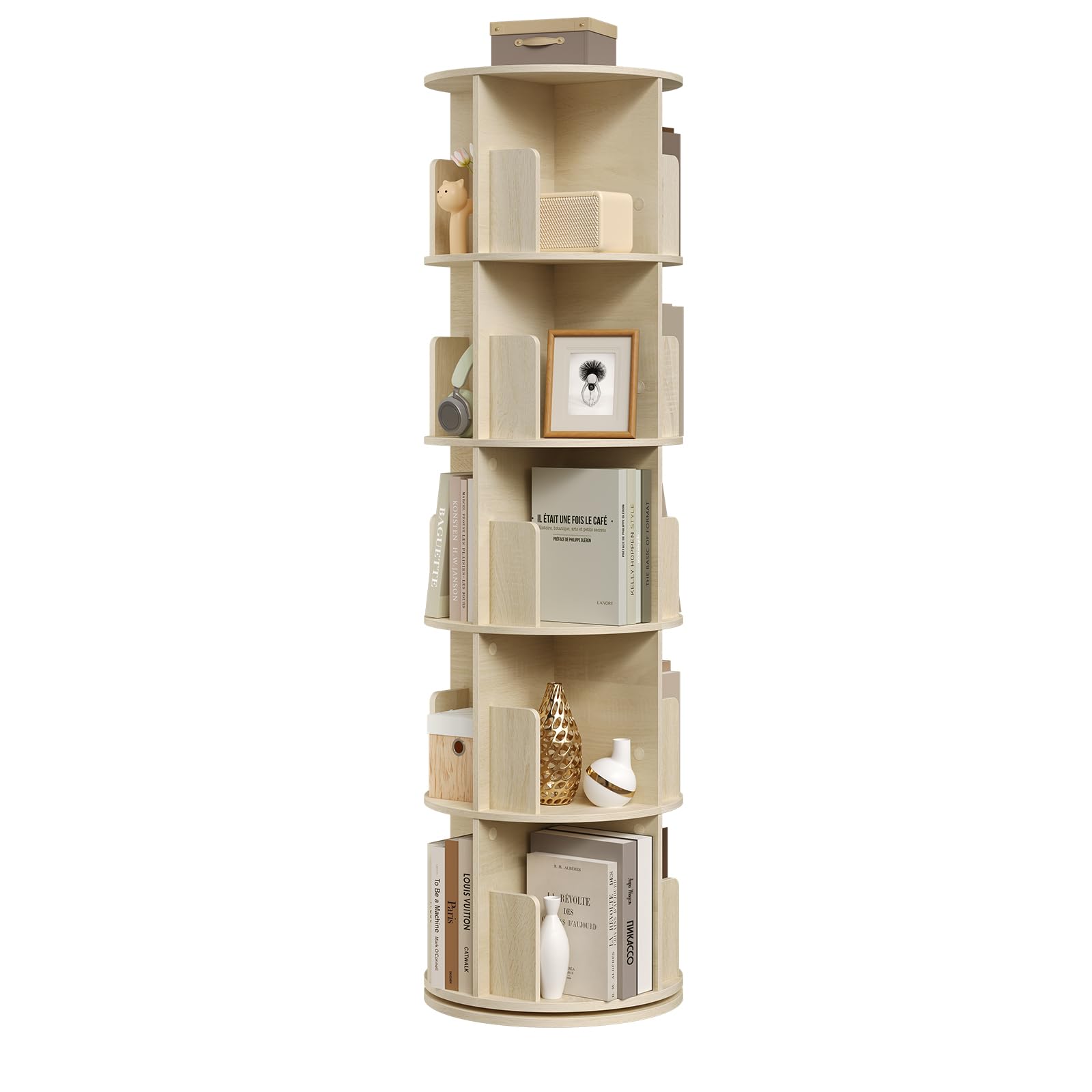 EUGAD Bücherregal 360° drehbar, mit 5 Ebenen 20 Fächern, Standregal für Wohnzimmer Schlafzimmer Büro Kinderzimmer, φ44xH156 cm, Helle Eiche